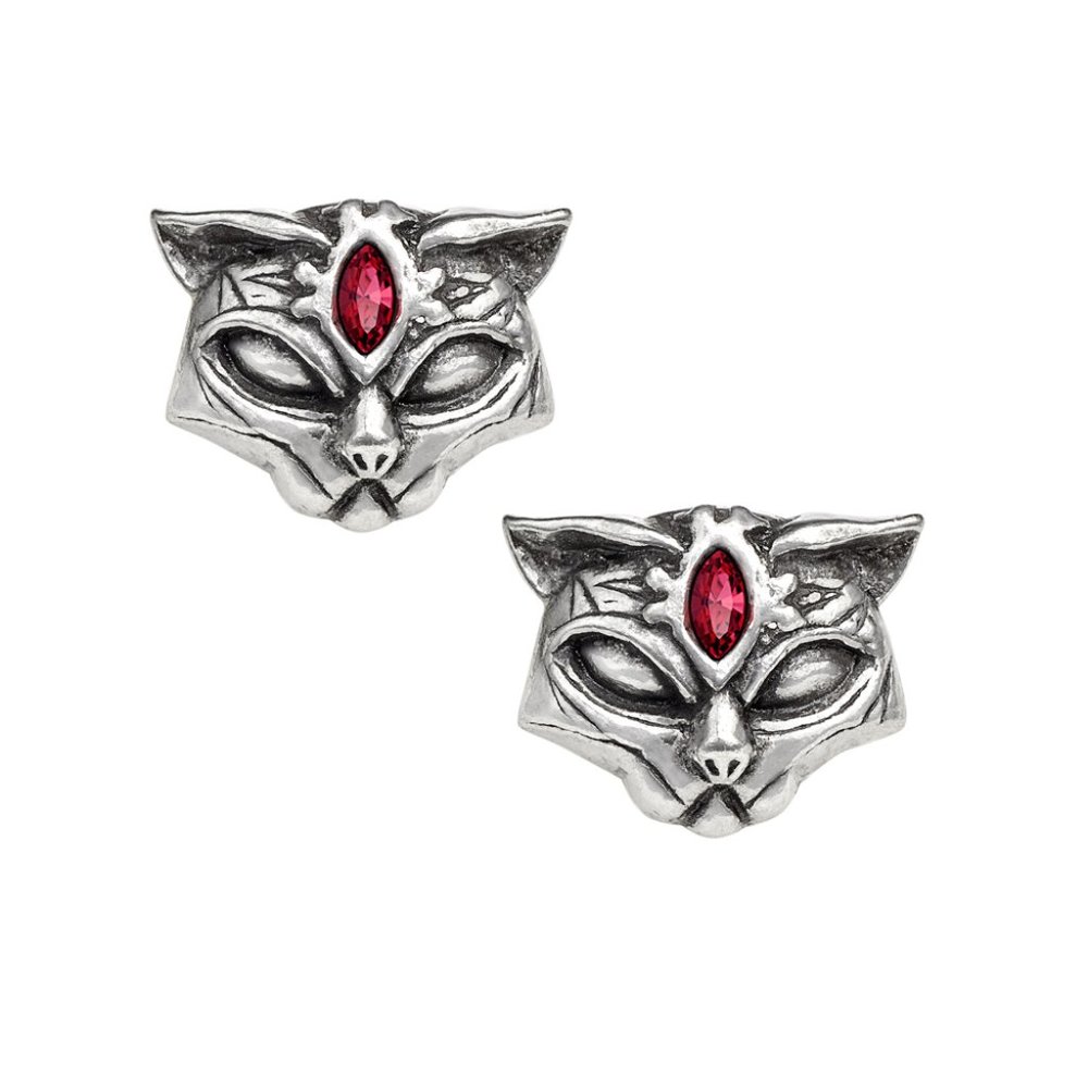 Alchemy Gothic Sacred Cat Stud Post Earrings Red Crystal NWT